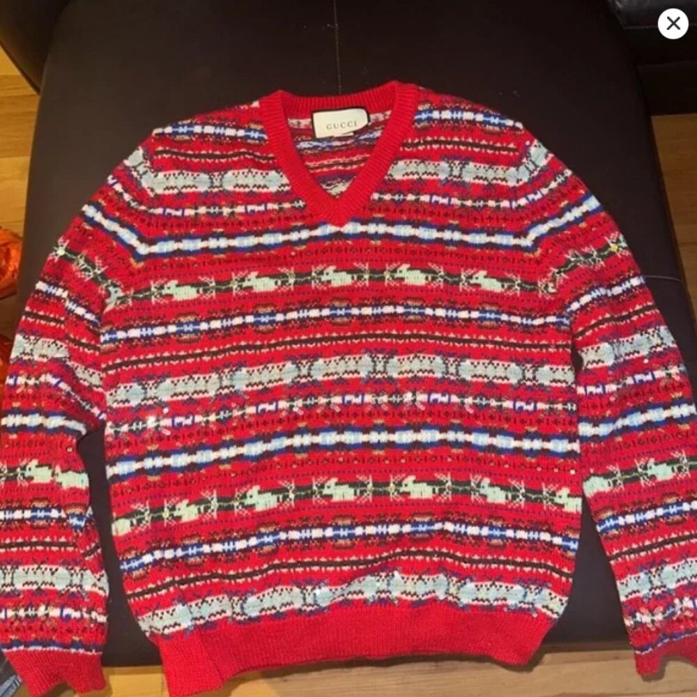 Gucci Red Christmas "Ugly Sweater" Patterned Sweater